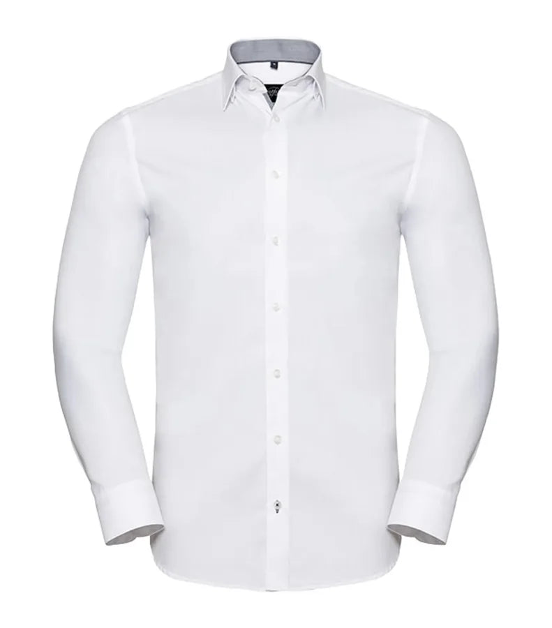 Men´s LS Tailored Contrast Herringbone Shirt White/Silver/ConvoyGrey