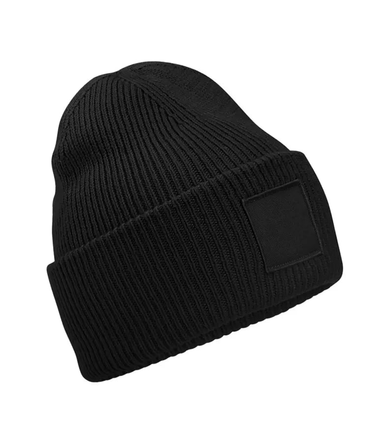 Deep Cuffed Tonal Patch Beanie Black