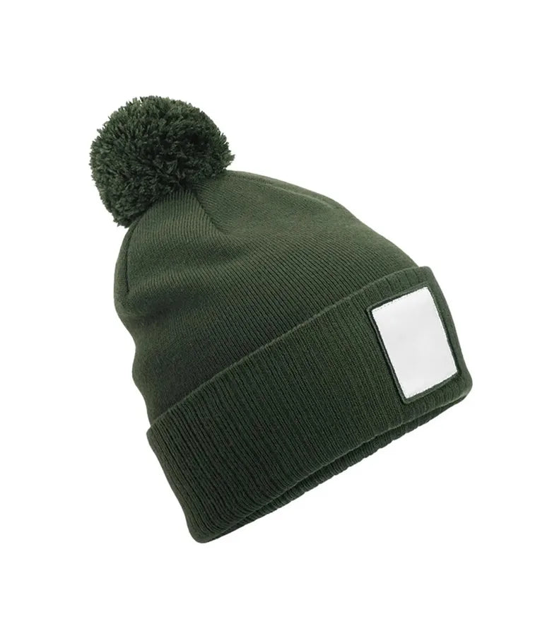 Applique' Patch Pom Beanie OliveGreen/White