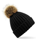 Faux Fur Pop Pom Chunky Beanie Black
