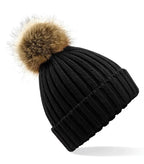 Faux Fur Pop Pom Chunky Beanie Black