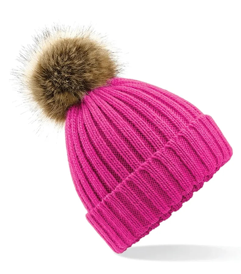 Faux Fur Pop Pom Chunky Beanie Fuchsia