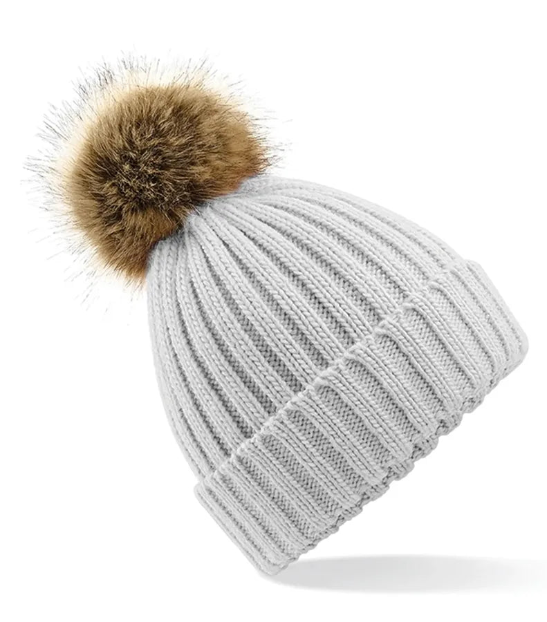 Faux Fur Pop Pom Chunky Beanie LightGrey