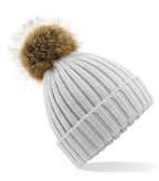 Faux Fur Pop Pom Chunky Beanie LightGrey