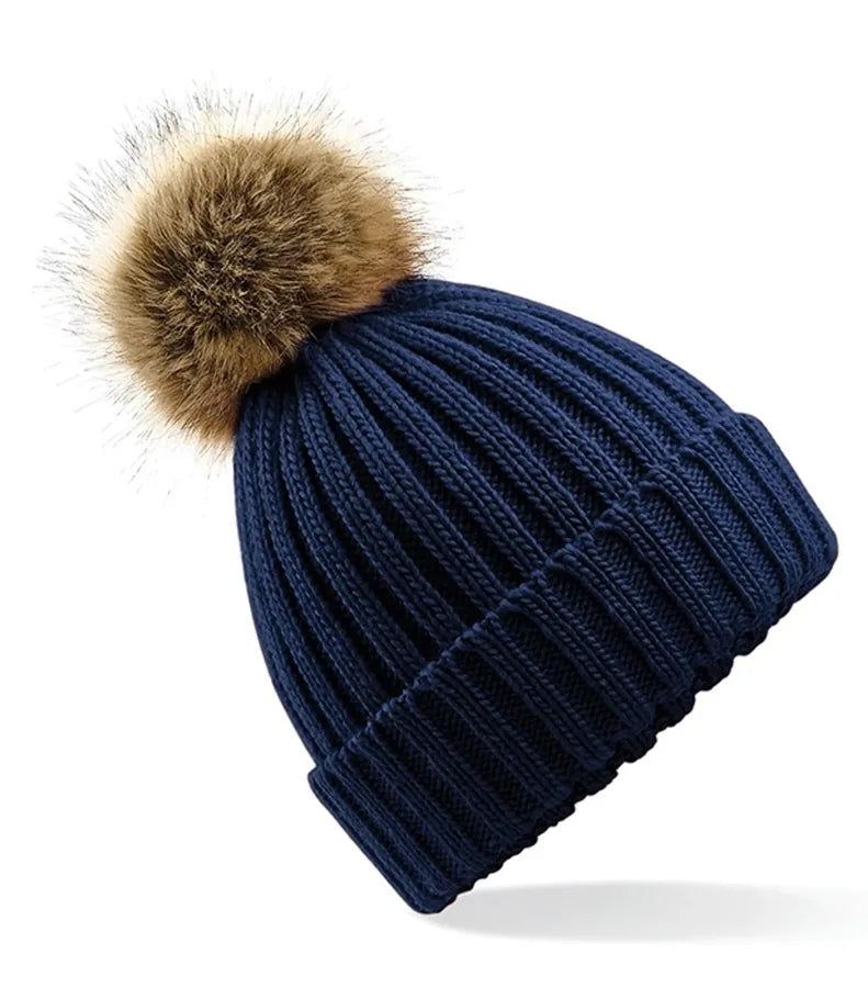 Faux Fur Pop Pom Chunky Beanie Navy
