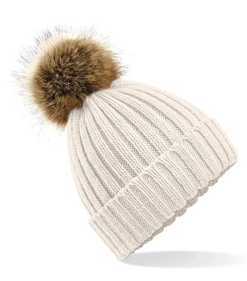 Faux Fur Pop Pom Chunky Beanie Oatmeal