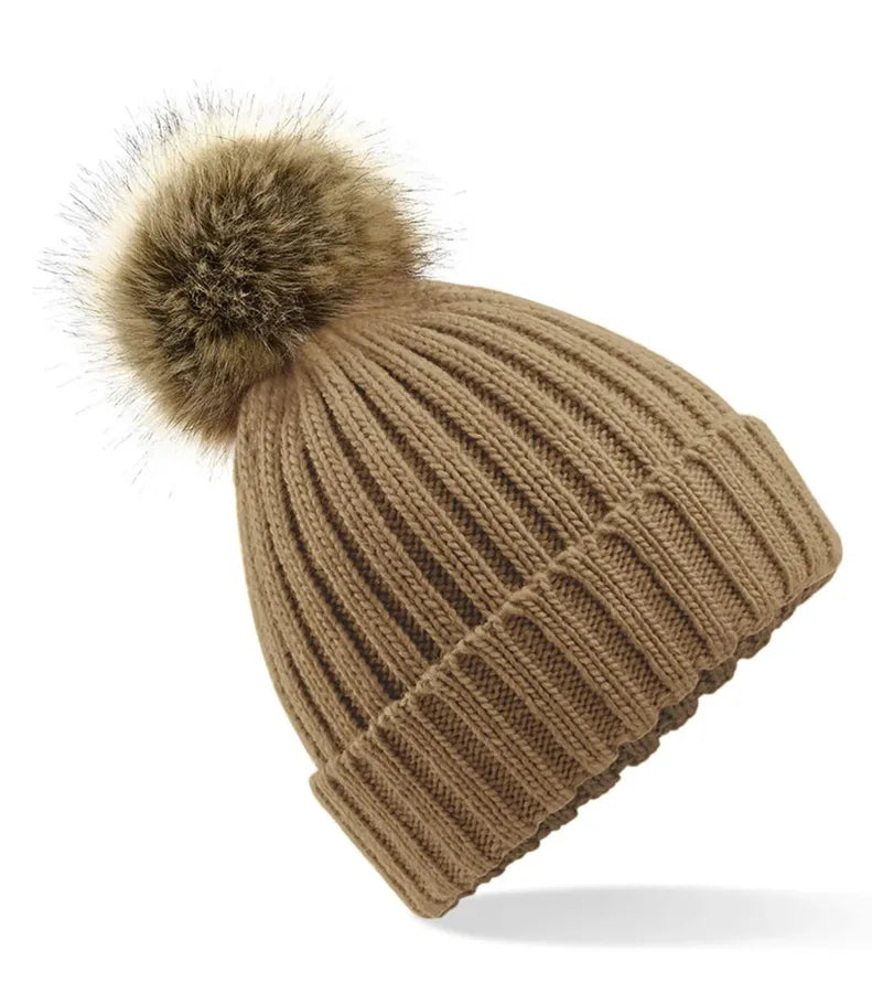 Faux Fur Pop Pom Chunky Beanie Biscuit