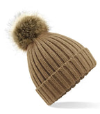 Faux Fur Pop Pom Chunky Beanie Biscuit