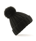 Verbier Fur Pop Pom Chunky Beanie Black