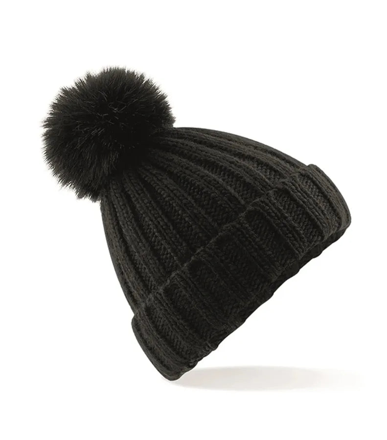 Verbier Fur Pop Pom Chunky Beanie Black