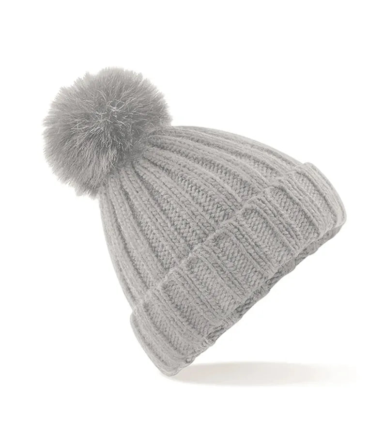 Verbier Fur Pop Pom Chunky Beanie LightGrey