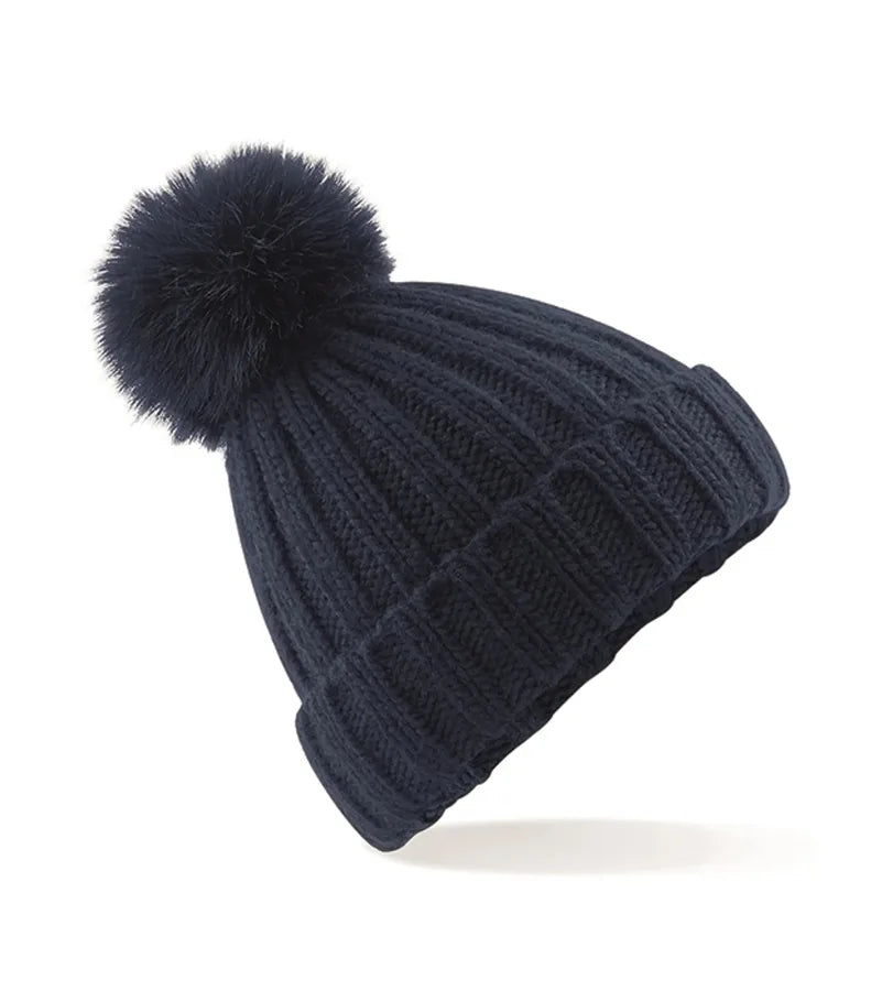 Verbier Fur Pop Pom Chunky Beanie Navy
