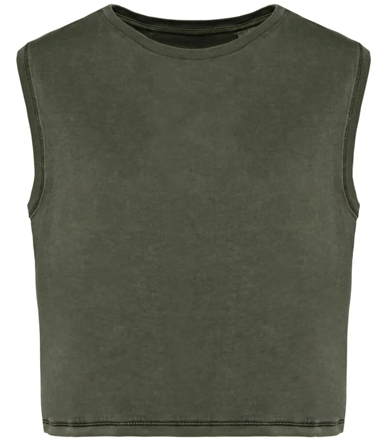 Ladies faded cropped sleeveless t-shirt WashedOrganicKhaki