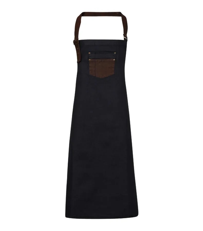 Division waxed-look denim bib apron Indigo/BrownDenim