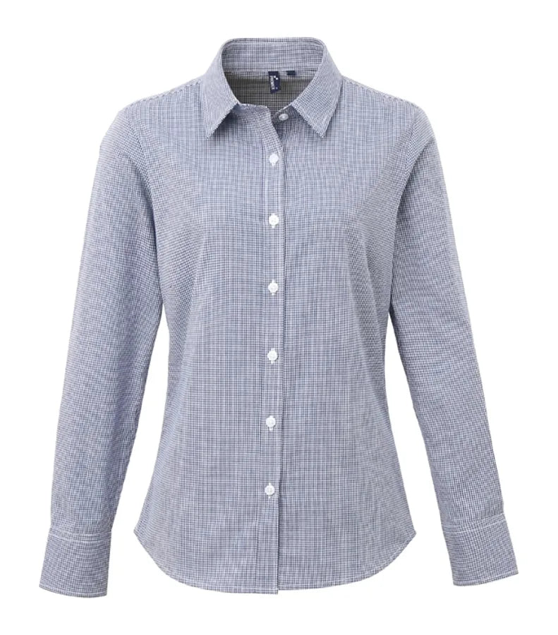 Women's Microcheck (Gingham) LS Cotton Shirt Navy/White