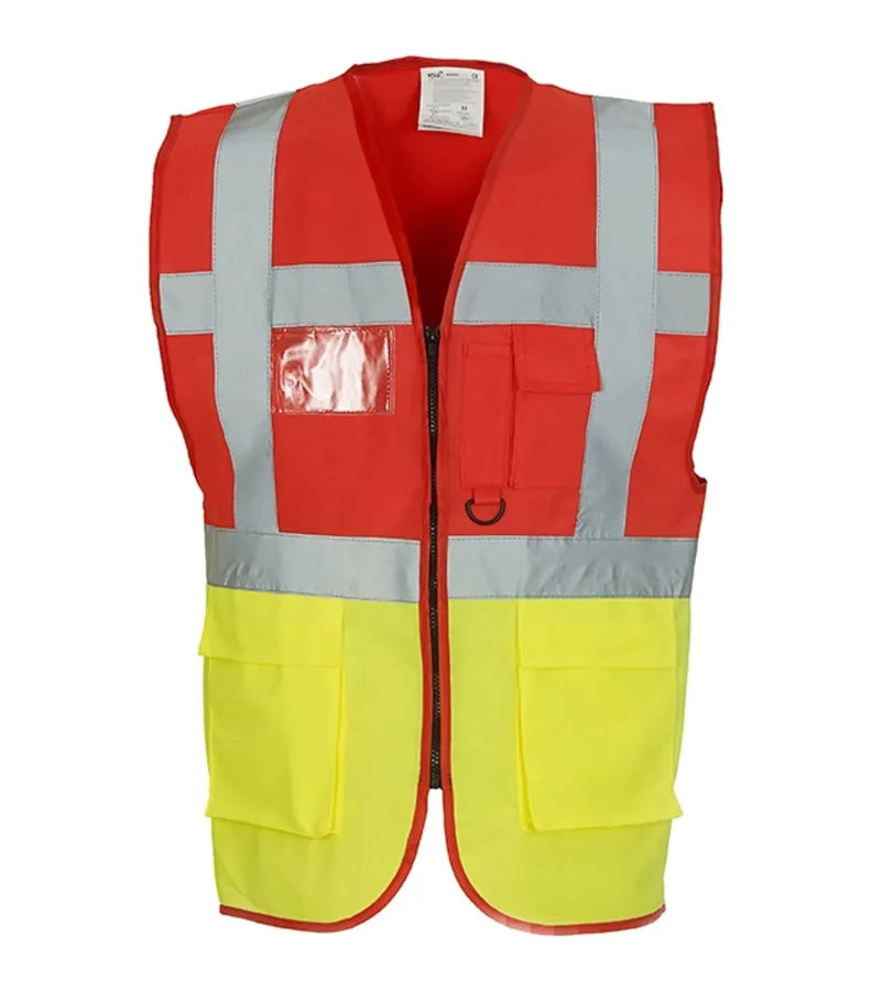 Multi-functional executive hi vis waistcoat Red/Yellow