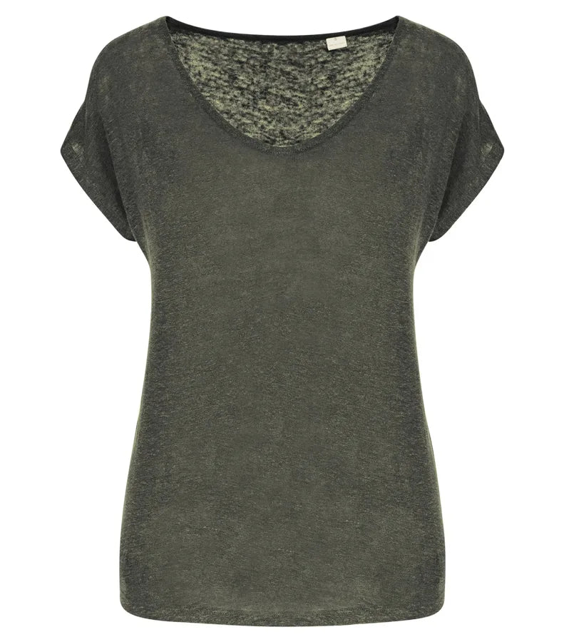 Ladies' V-neck Linen T-shirt OrganicKhaki