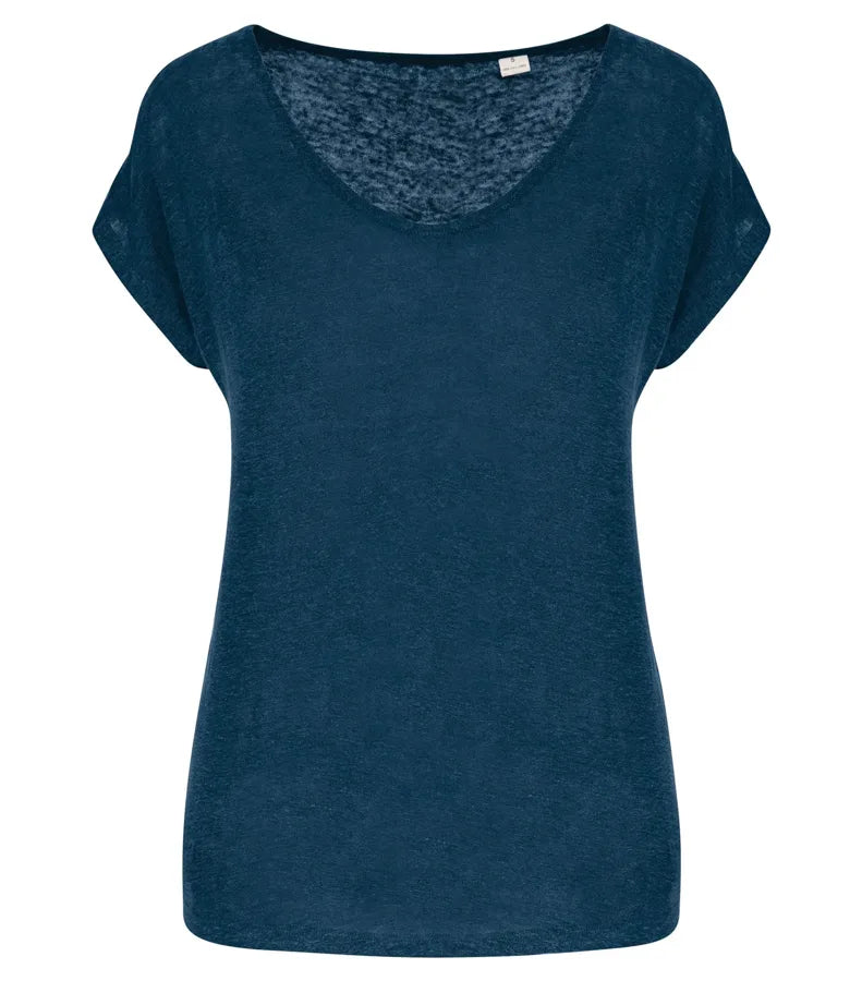 Ladies' V-neck Linen T-shirt PeacockBlue