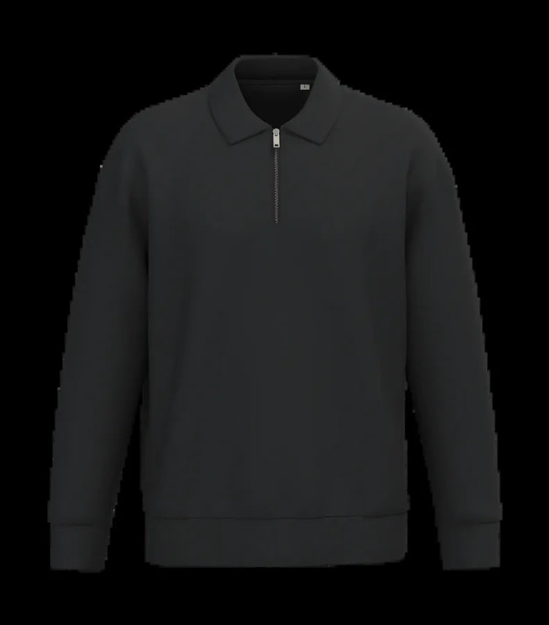 Eco-Friendly Unisex Dropped Shoulders Quarter Zipper Sweatshirt With Polo Collar Black