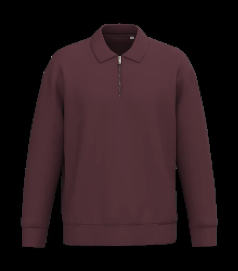 Eco-Friendly Unisex Dropped Shoulders Quarter Zipper Sweatshirt With Polo Collar DarkCherry