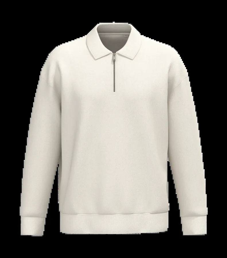 Eco-Friendly Unisex Dropped Shoulders Quarter Zipper Sweatshirt With Polo Collar Ivory