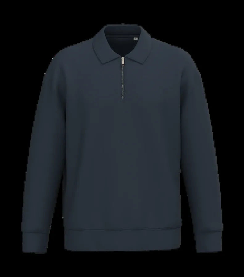 Eco-Friendly Unisex Dropped Shoulders Quarter Zipper Sweatshirt With Polo Collar NavyBlue