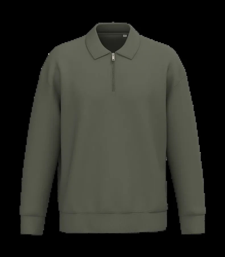 Eco-Friendly Unisex Dropped Shoulders Quarter Zipper Sweatshirt With Polo Collar OrganicKhaki