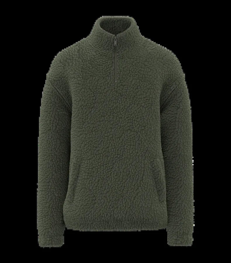 Unisex Sherpa Dropped Shoulders Quarter Zip Sweatshirt ForestKhaki