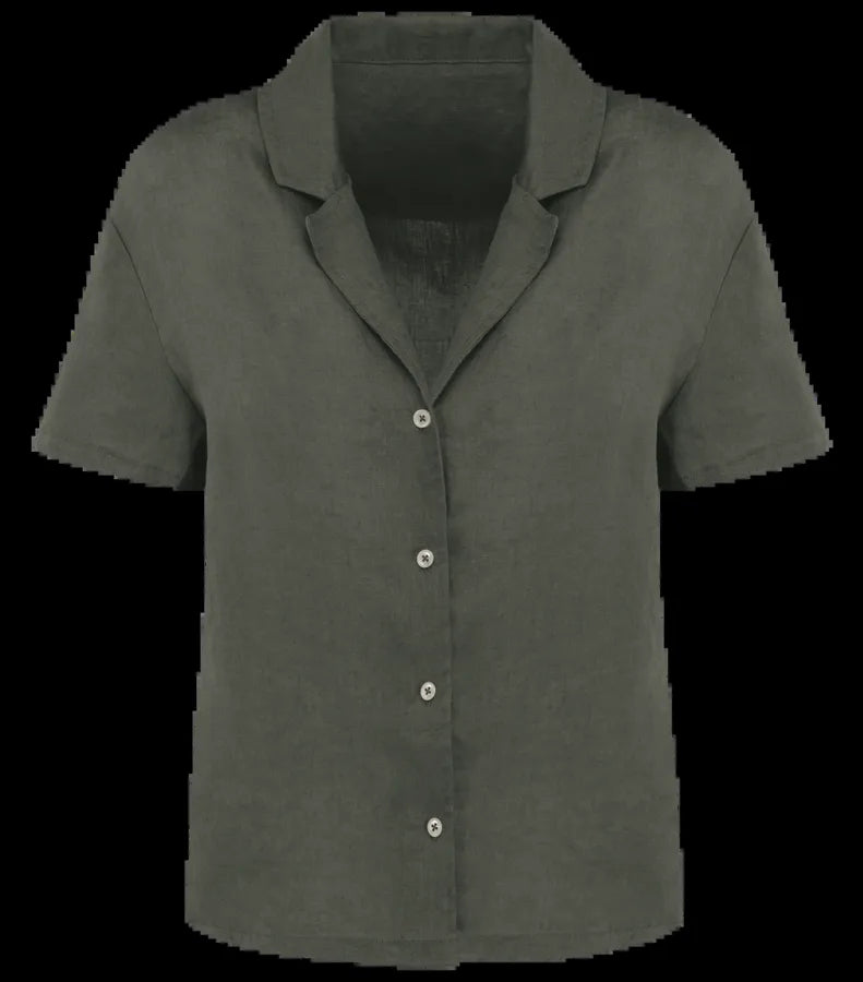 Eco-friendly Ladie's Linen Bowling Collar Short-Sleeved Shirt OrganicKhaki